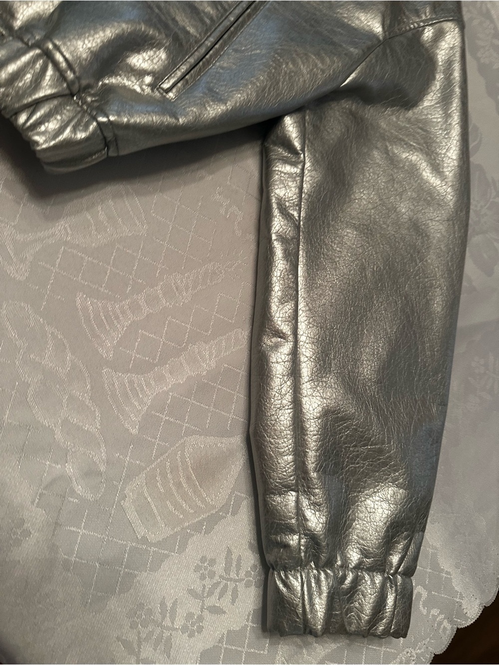 ZARA SILVER Effect Metallic Glossy Faux Leather Zip Boxy Cropped Bomber Jacket - Picture 6 of 7